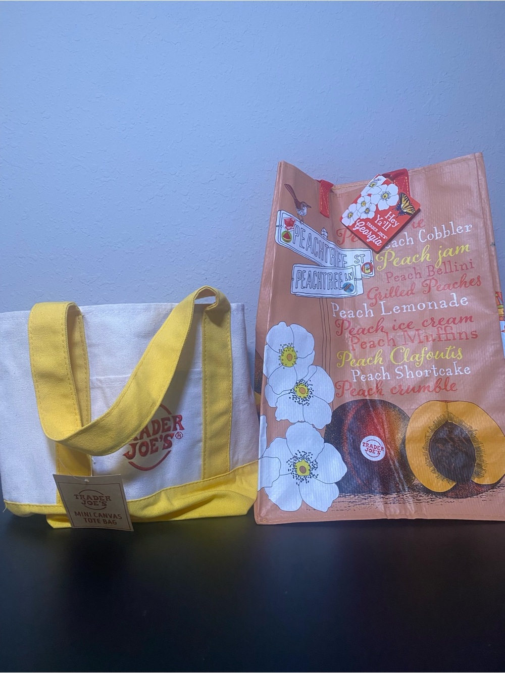 RARE SET OF 2 TRADER JOES Yellow MINI tote and GA STATE peach bag limited